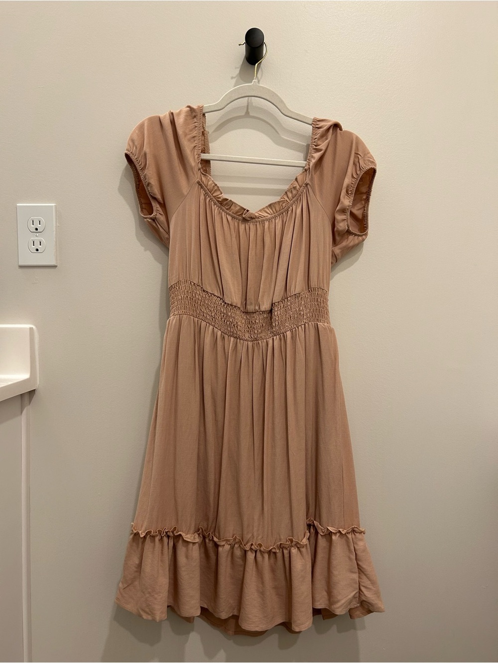 Taupe Beige Gathered Bodice Ruffle Dress